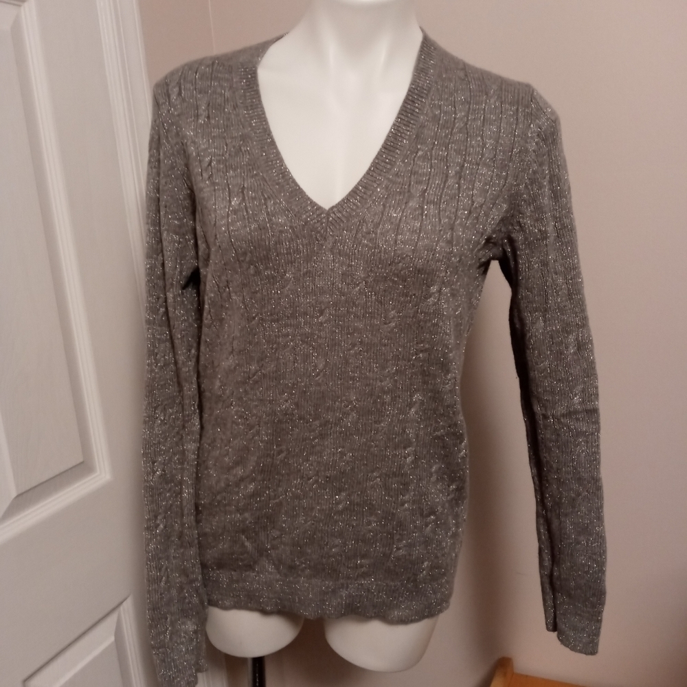 Ann Taylor LOFT gray sparkly vneck sweater